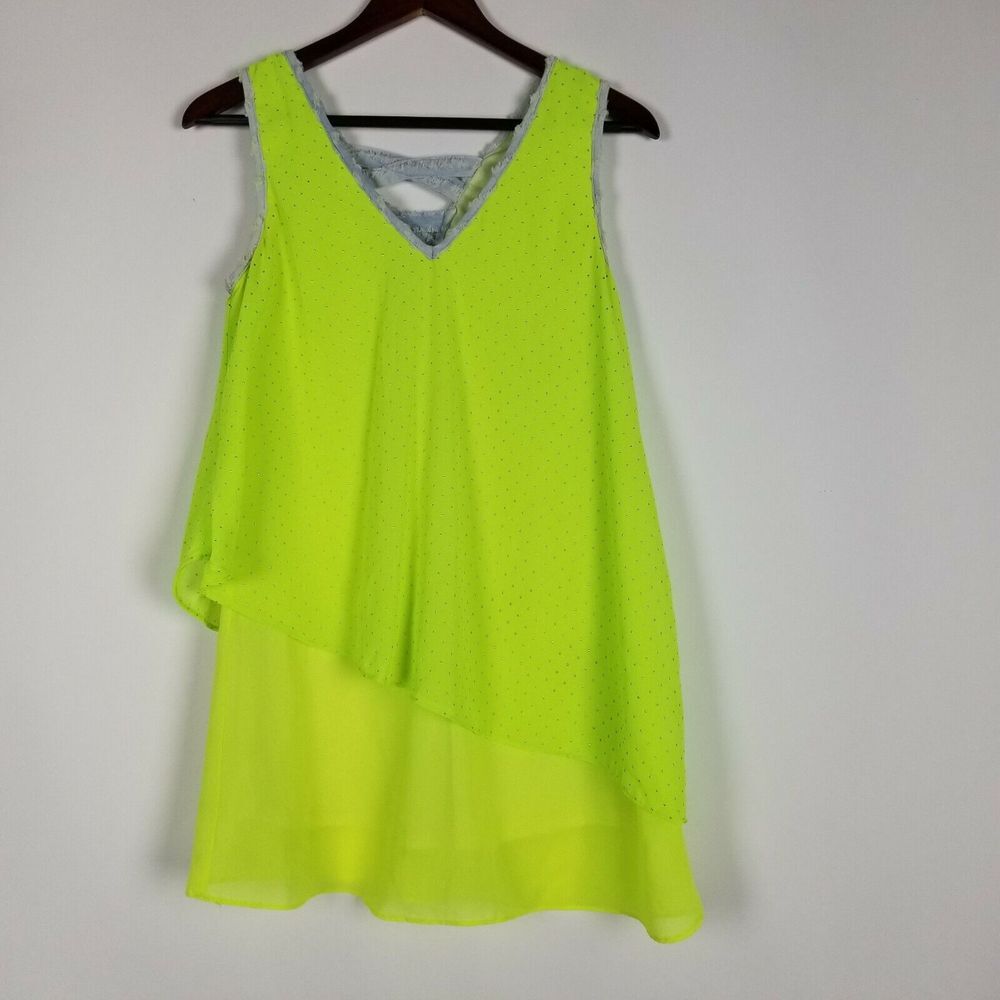 Love Riche Women's Size S Neon Green Bling Denim Edge Sleeveless Wavy Tank Top‎